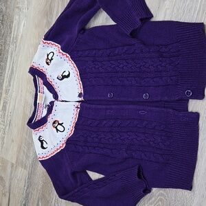Gymboree Purple Cardigan Sweater with Penguin Design Girls 5 6 Winter Holiday